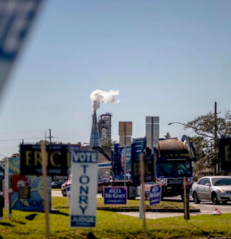 Voting signs in industrial Chalmette, Louisiana, in 2020
