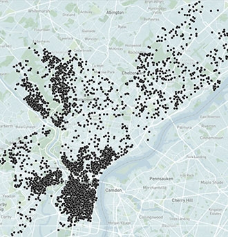 Example map showing the 46,090 registered-to-vote environmentalists in Philadelphia, PA who are unlikely to vote in the 2024 general election.