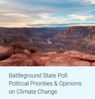 Photo of the Grand Canyon with text that reads Battleground State Poll: Political priorities and opinions on climate change