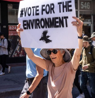A person at a protest with a sign that says #Vote for the environment