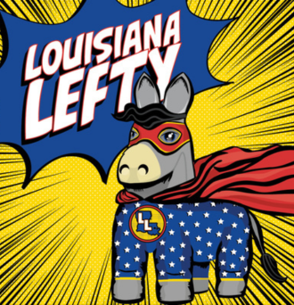 Illustrated graphic of donkey with red cape on in superhero gear with text that says Louisiana Lefty