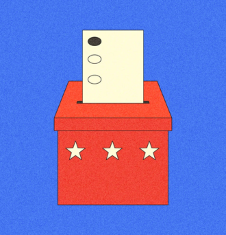 Red ballot box with three stars on a blue background