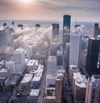 A photo of the downtown Houston skyline 