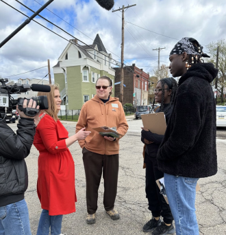 ABC News' MaryAlice Parks interviews Environmental Voter Project volunteers in Pittsburgh, PA. Photo Credit: Julia Cherner/ABC News