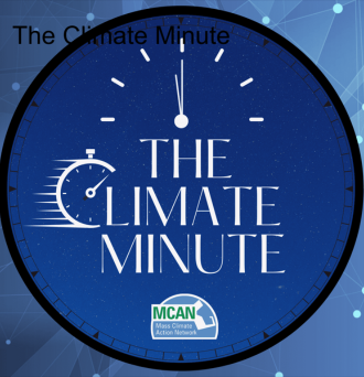 Blue graphic of a clock that reads "The Climate Minute" with the "MCAN Mass Climate Action Network" logo