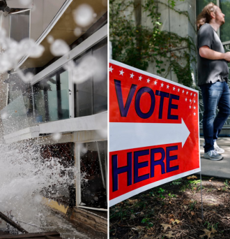 Split graphic. Climate disaster with a vote here at the polls sign.